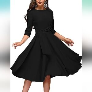 FENJAR Black Elegant Retro Style Ruched 3/4  Sleeve Swing Dress Size XXL NWT